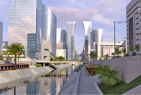 An artist's impression of how Eko Atlantic city will look. The five-mile sea wall is growing at the rate of 20ft a day 